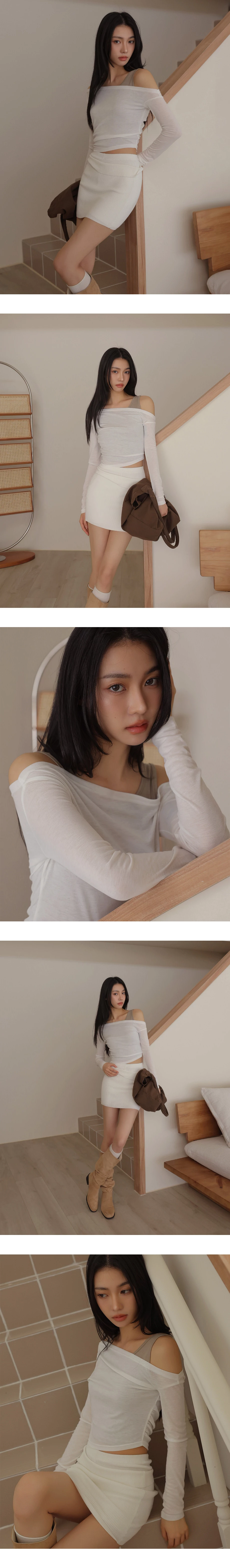 2WAY不對稱一字領側抓皺長袖短版上衣坦克背心撞色套裝