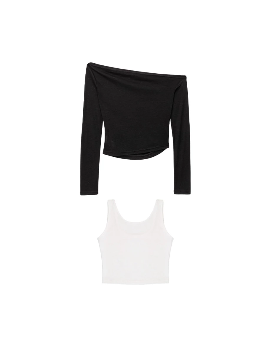 2WAY不對稱一字領側抓皺長袖短版上衣坦克背心撞色套裝