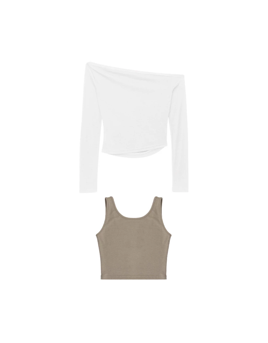 2WAY不對稱一字領側抓皺長袖短版上衣坦克背心撞色套裝