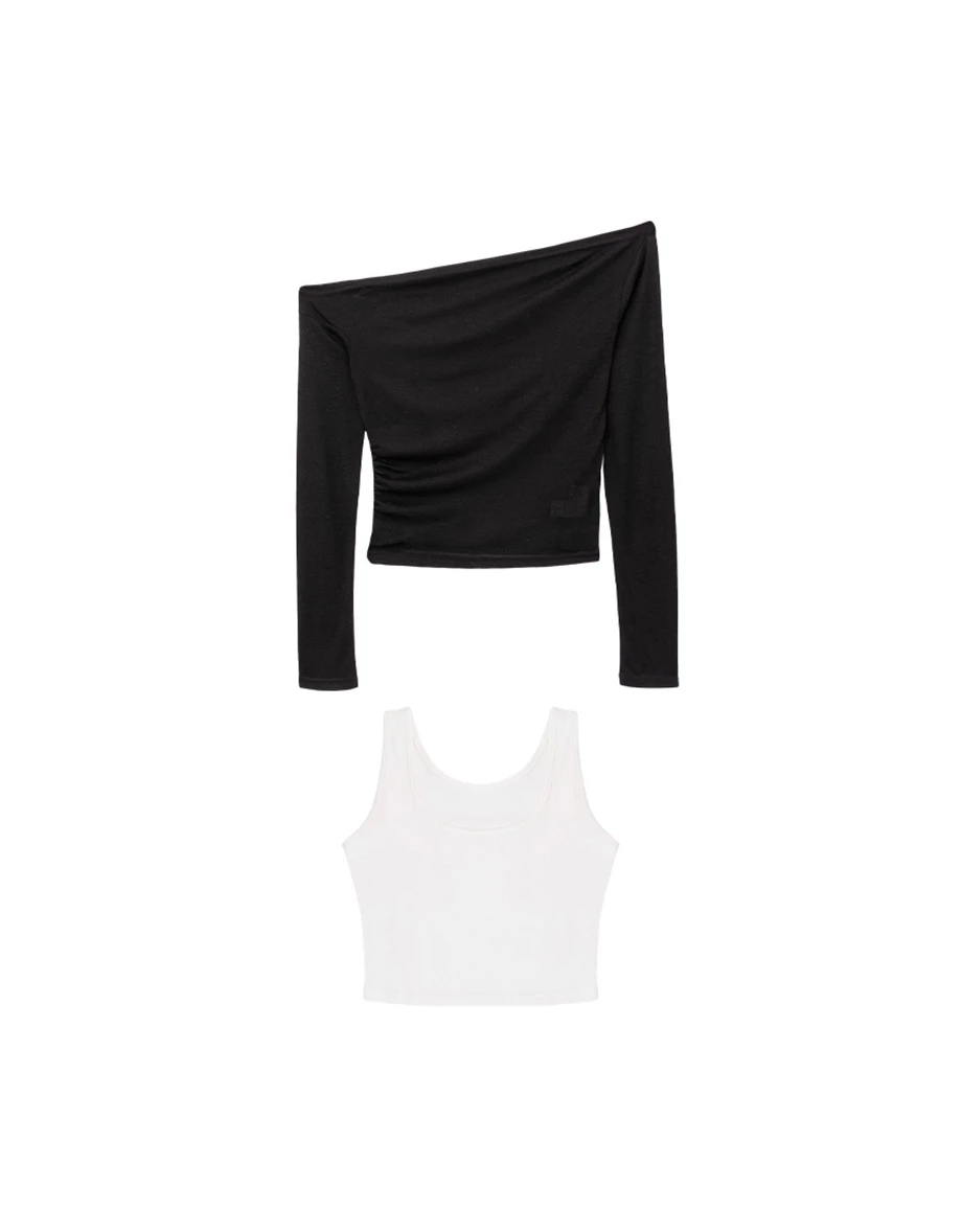 2WAY不對稱一字領側抓皺長袖短版上衣坦克背心撞色套裝