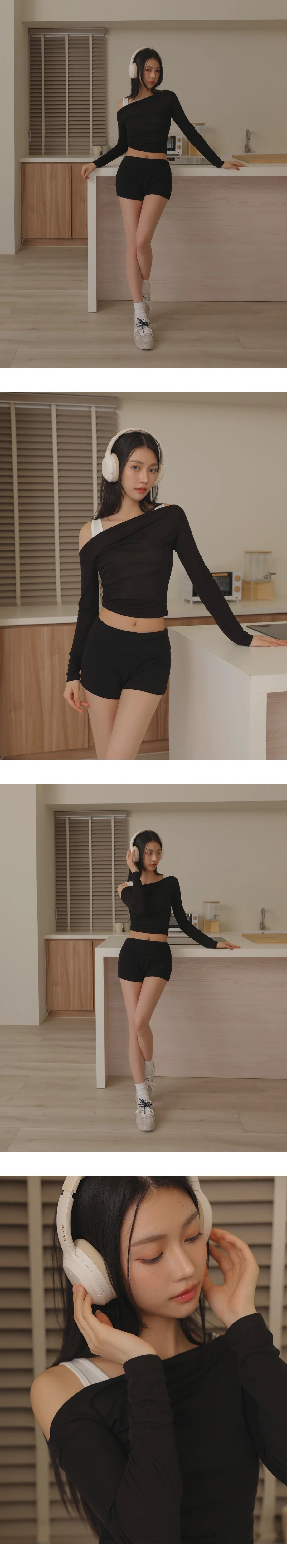 2WAY不對稱一字領側抓皺長袖短版上衣坦克背心撞色套裝