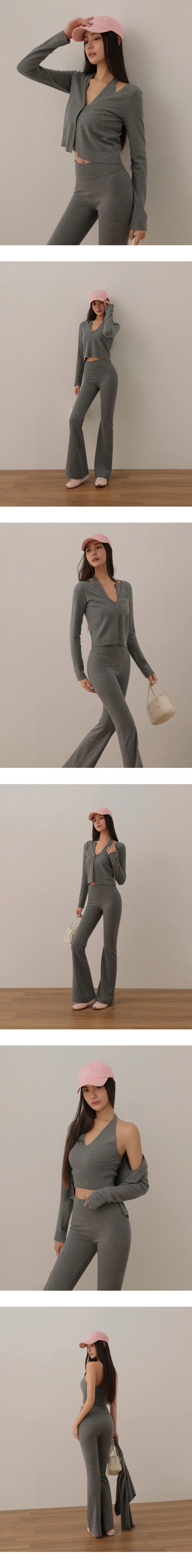 V Neck Halter Crop Vest Top and Long Sleeve Buttoned Knit Cardigan Set Wear