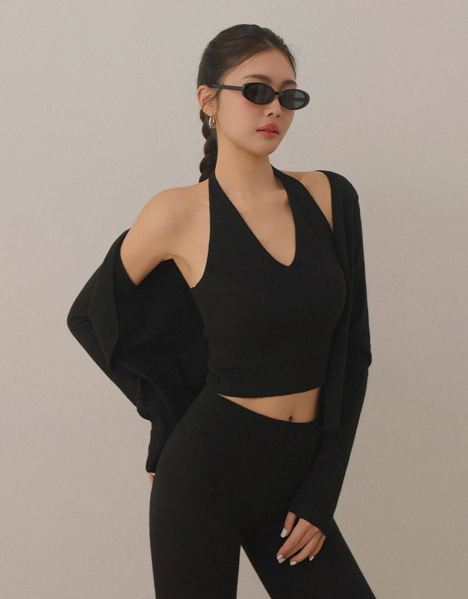 V Neck Halter Crop Vest Top and Long Sleeve Buttoned Knit Cardigan Set Wear