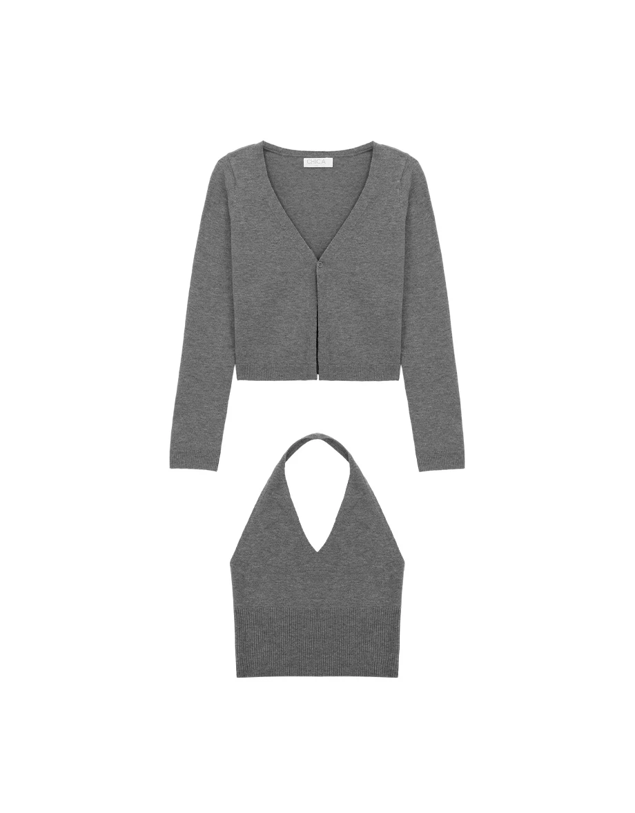 V Neck Halter Crop Vest Top and Long Sleeve Buttoned Knit Cardigan Set Wear
