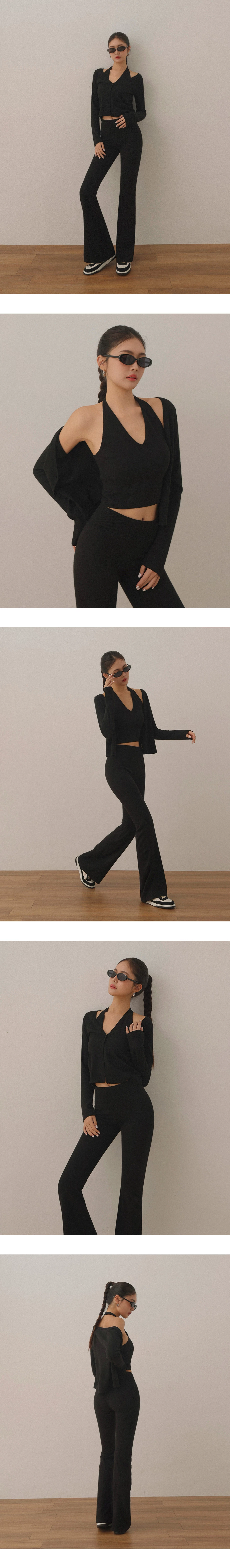 V Neck Halter Crop Vest Top and Long Sleeve Buttoned Knit Cardigan Set Wear