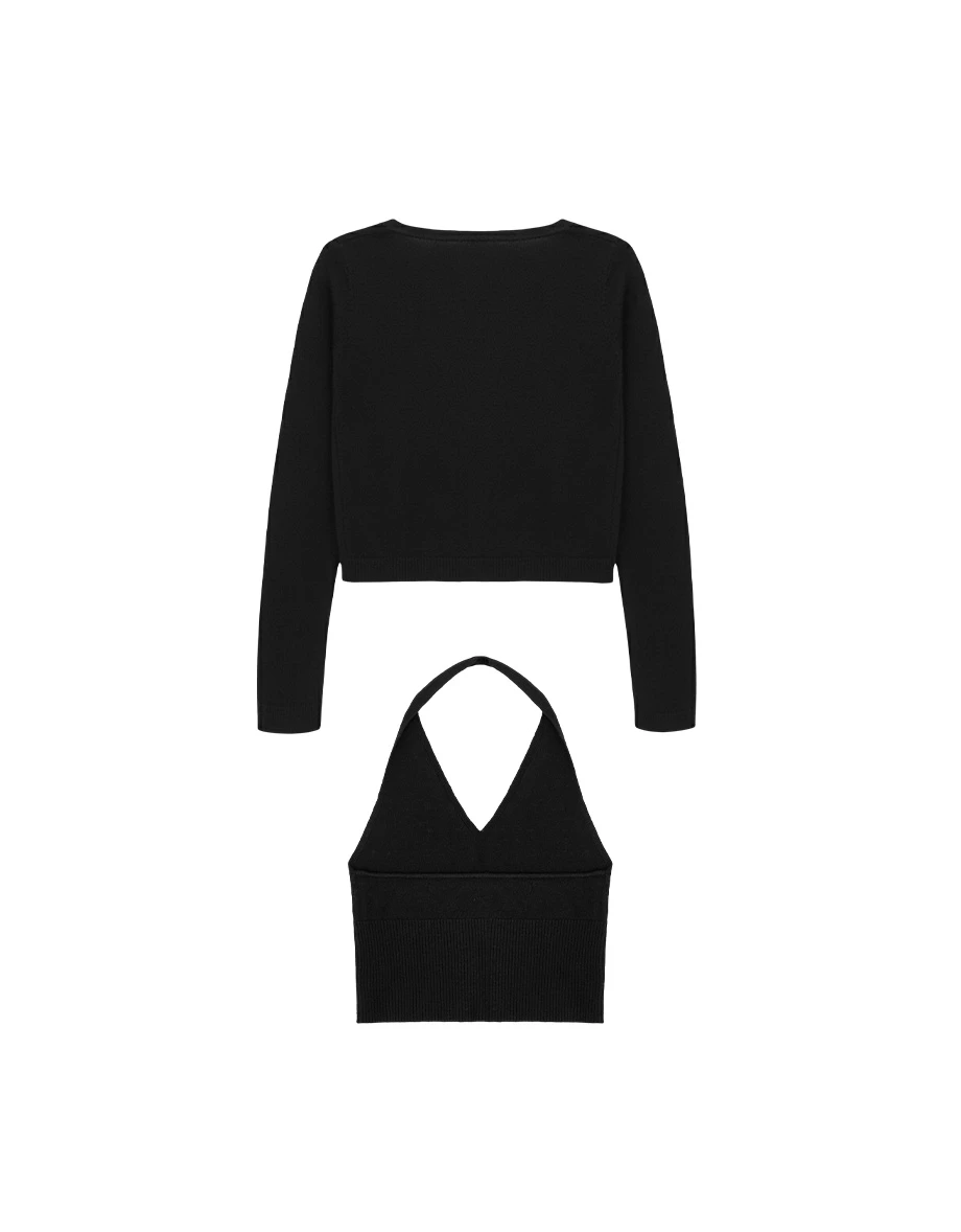 V Neck Halter Crop Vest Top and Long Sleeve Buttoned Knit Cardigan Set Wear