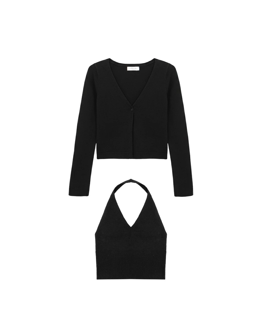 V Neck Halter Crop Vest Top and Long Sleeve Buttoned Knit Cardigan Set Wear
