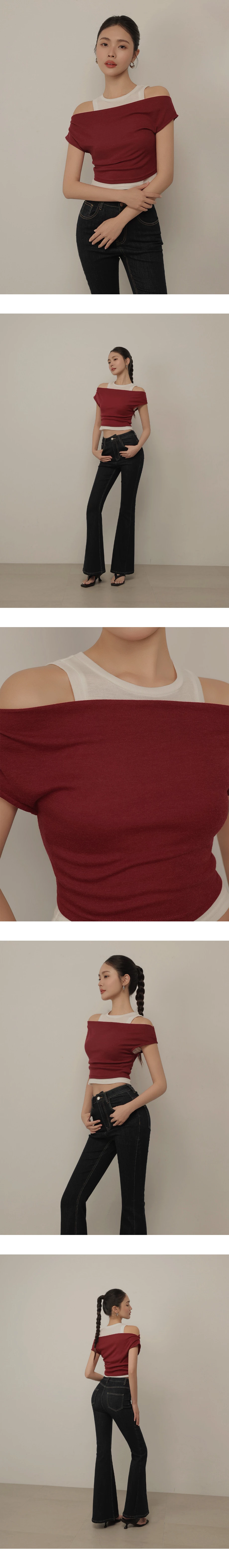 一字領抓皺短袖短版上衣削肩背心撞色套裝