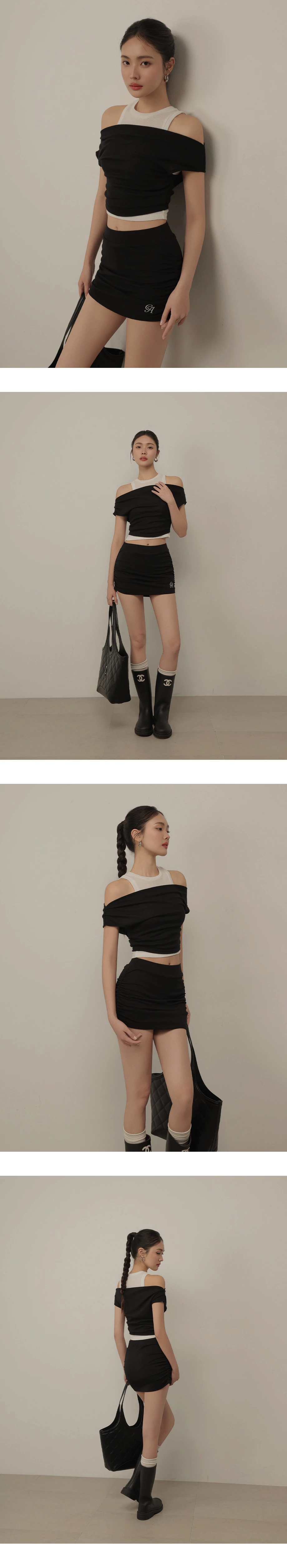 一字領抓皺短袖短版上衣削肩背心撞色套裝