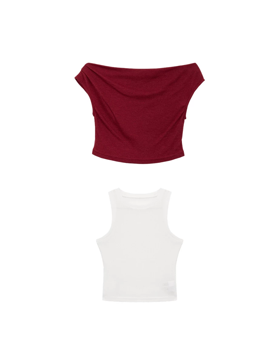 Ruched Off Shoulder Crop Top and Colorblock Sleeveless Tank Top Set Wear