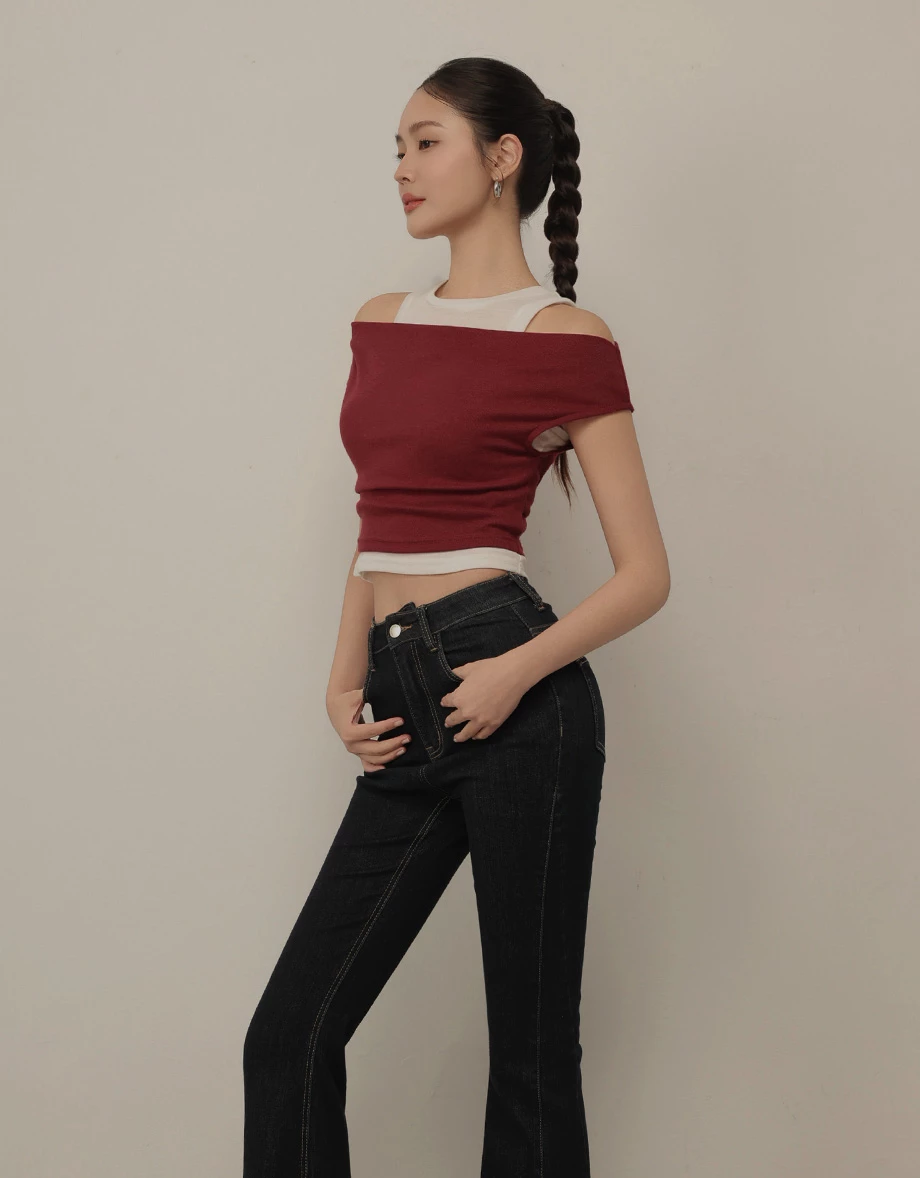 Ruched Off Shoulder Crop Top and Colorblock Sleeveless Tank Top Set Wear