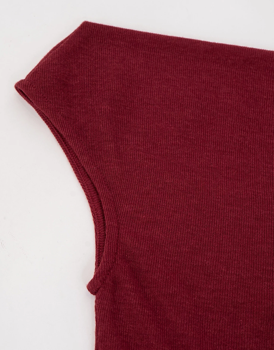 一字領抓皺短袖短版上衣削肩背心撞色套裝