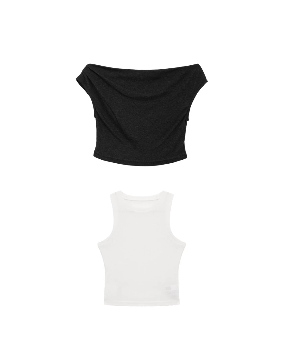 Ruched Off Shoulder Crop Top and Colorblock Sleeveless Tank Top Set Wear