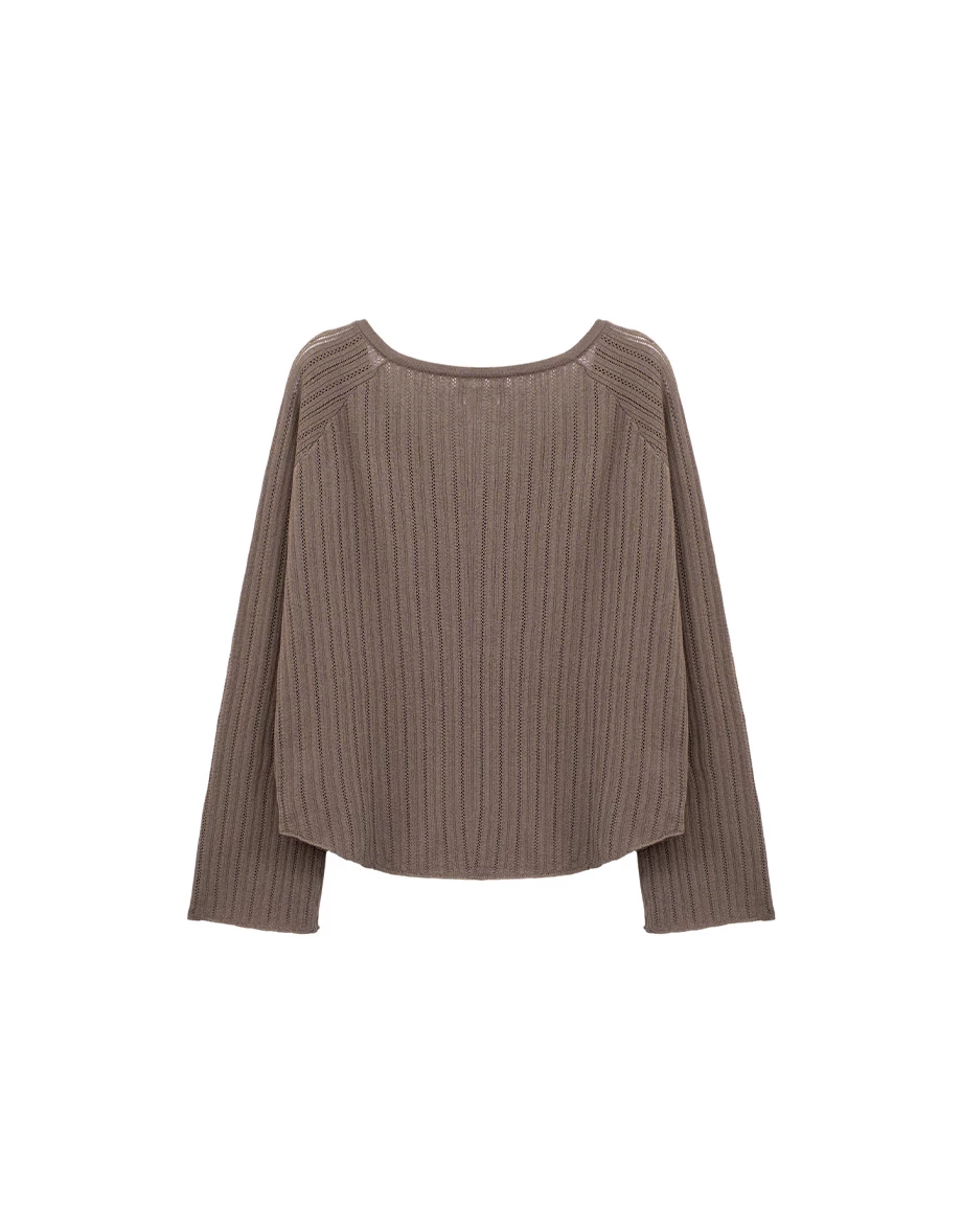 V領排扣半開襟鏤空直條紋長袖寬版針織衫