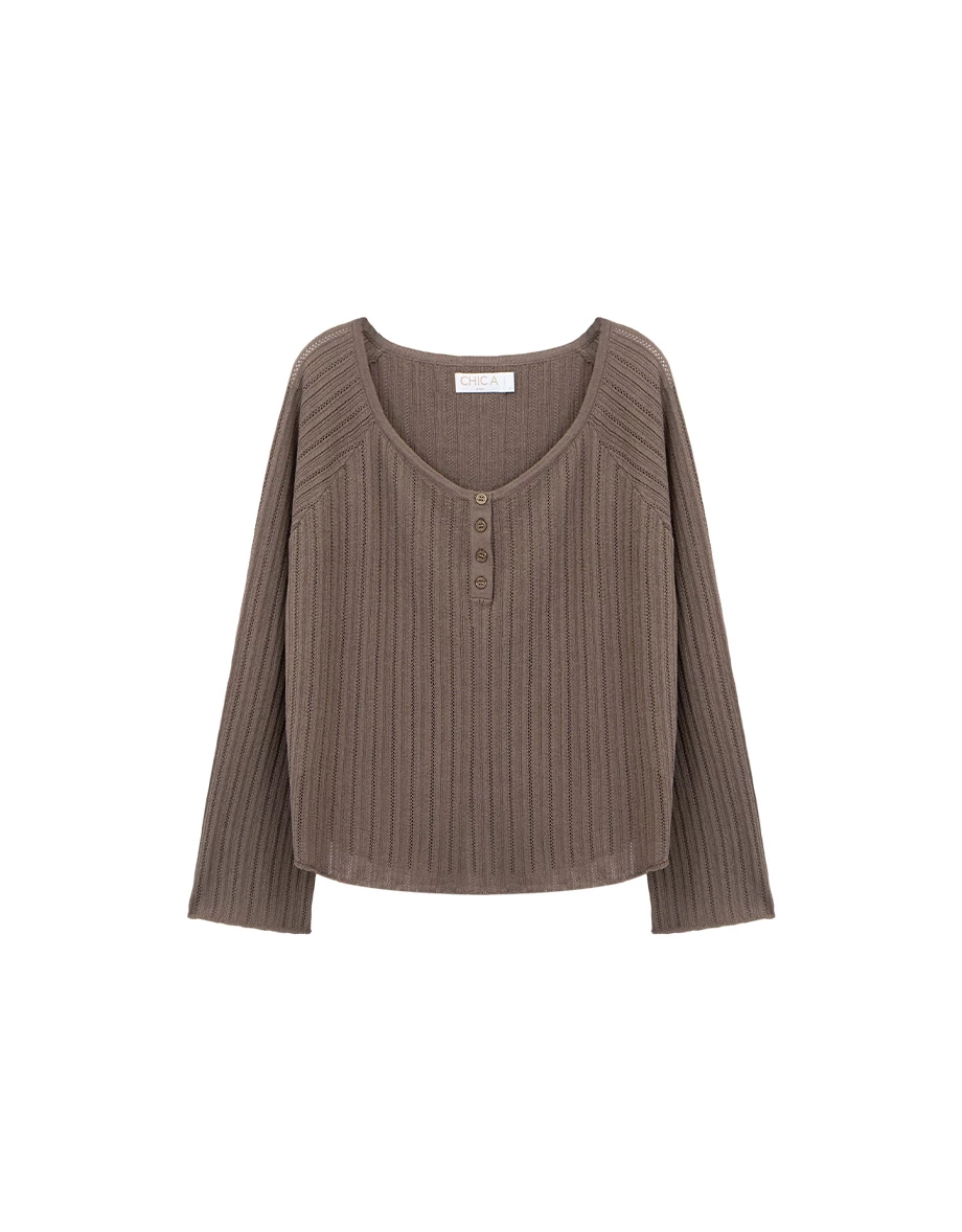 V領排扣半開襟鏤空直條紋長袖寬版針織衫