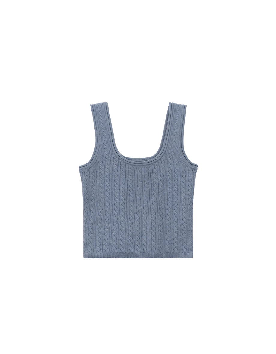 方領排扣半開襟短版麻花針織背心 方領排扣半開襟短版麻花針織背心