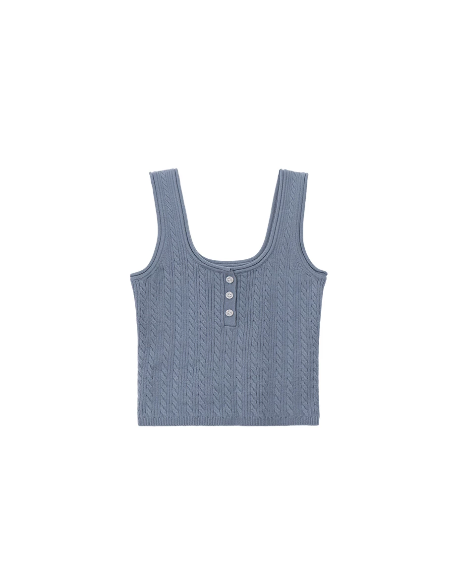 方領排扣半開襟短版麻花針織背心 方領排扣半開襟短版麻花針織背心