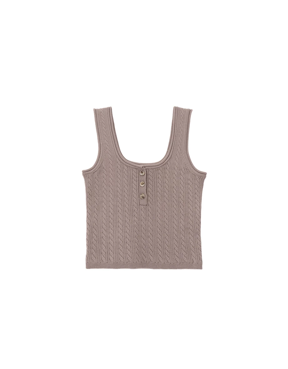 方領排扣半開襟短版麻花針織背心 方領排扣半開襟短版麻花針織背心
