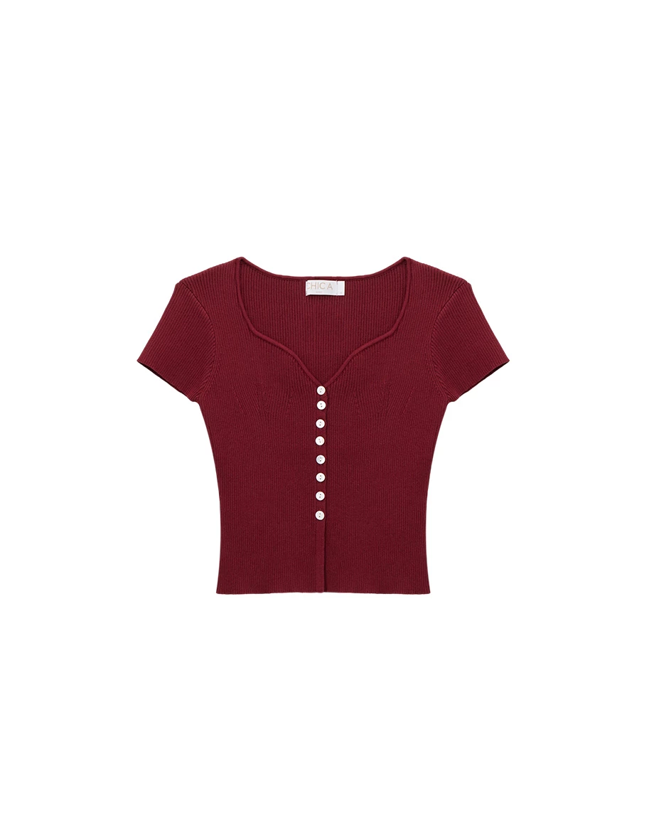 桃心 V領排扣短袖羅紋開襟針織衫