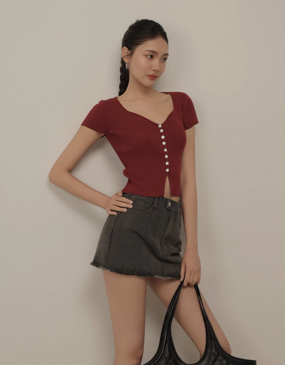 桃心 V領排扣短袖羅紋開襟針織衫