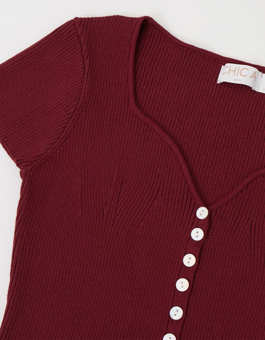 桃心 V領排扣短袖羅紋開襟針織衫