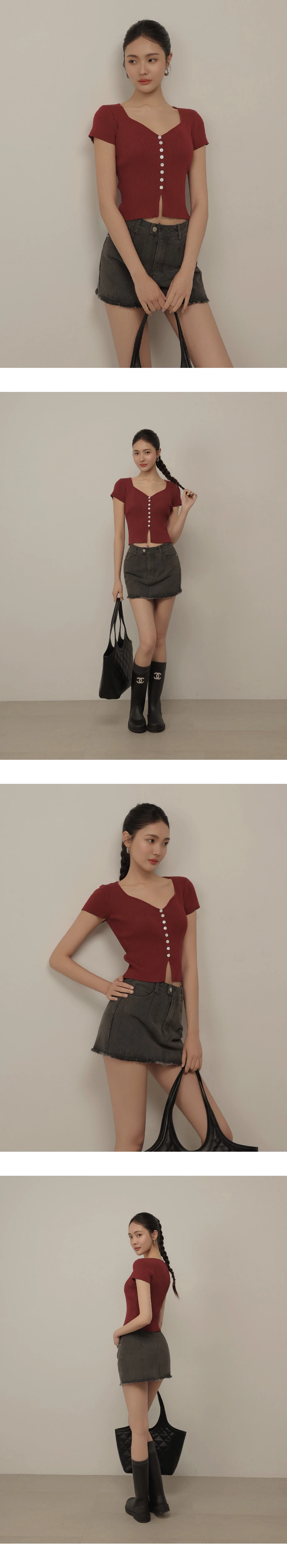 桃心 V領排扣短袖羅紋開襟針織衫