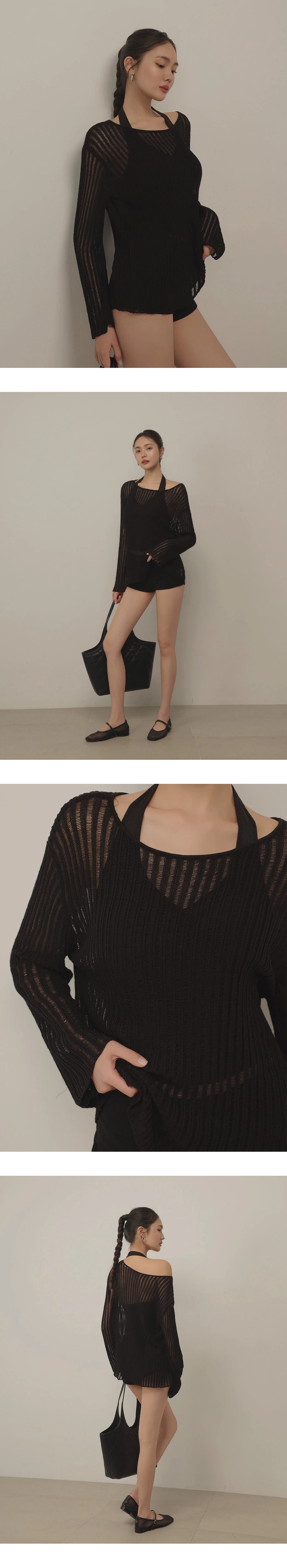 2WAY大圓領條紋鏤空長袖寬版針織衫