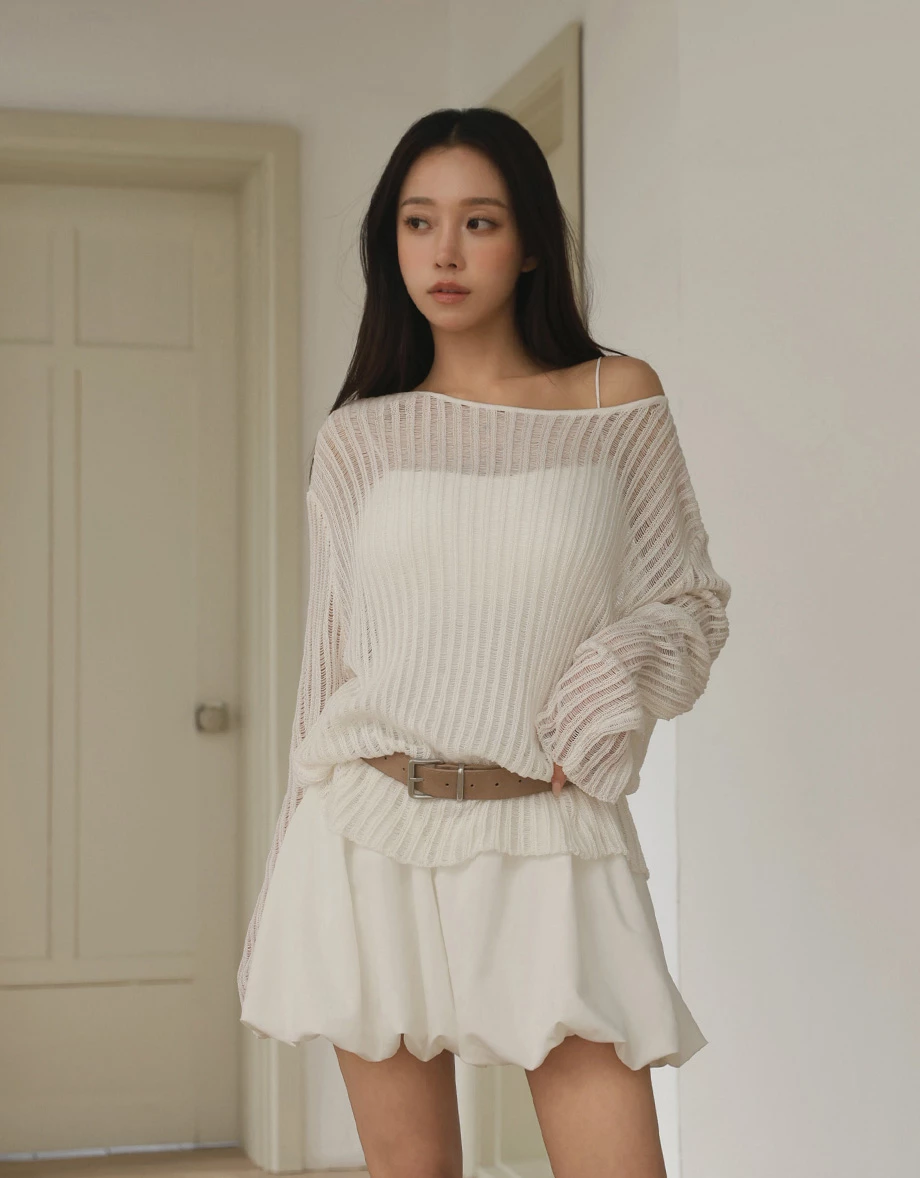 2WAY大圓領條紋鏤空長袖寬版針織衫