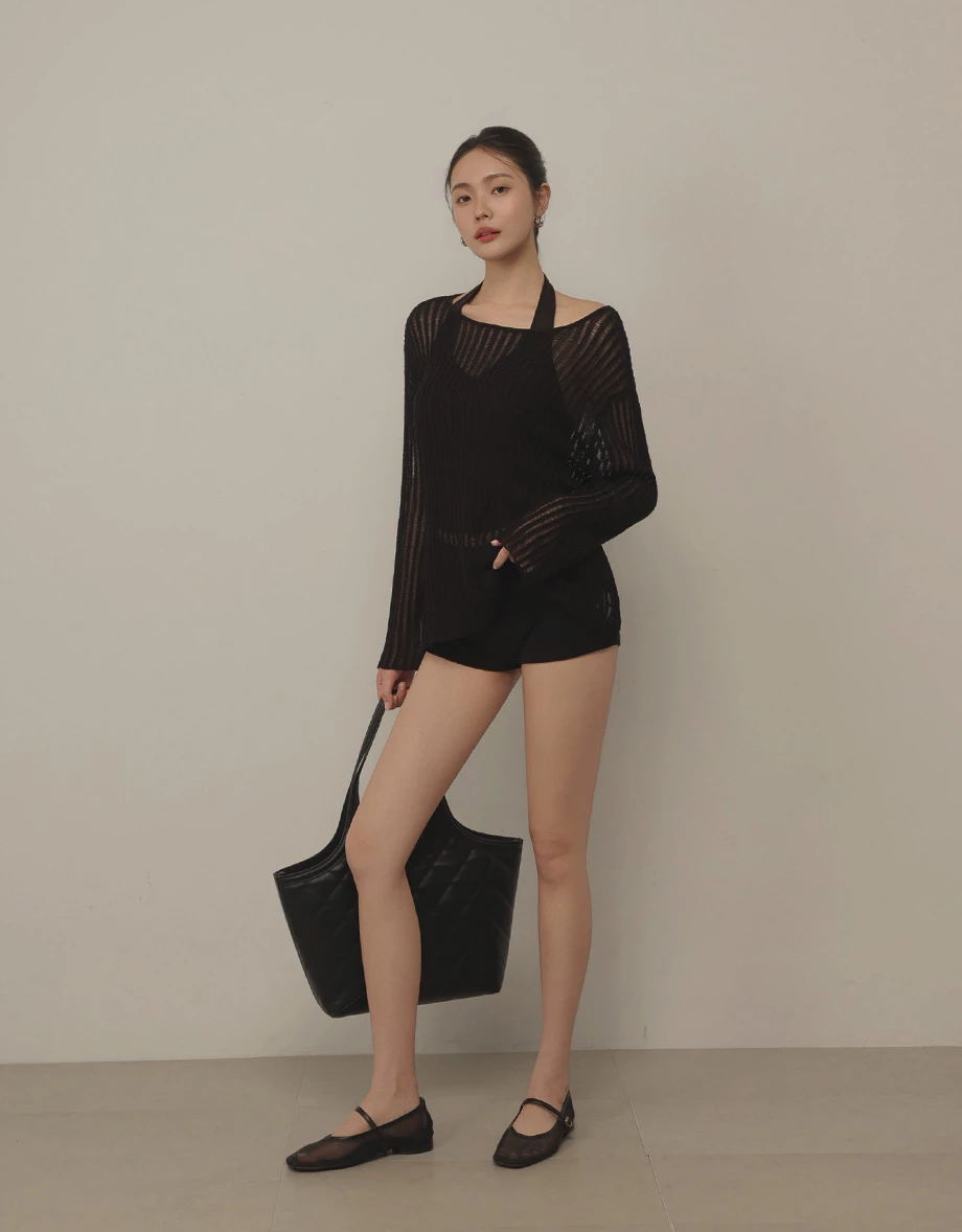 2WAY大圓領條紋鏤空長袖寬版針織衫