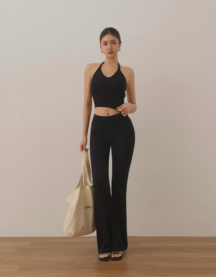 Ribbed Knit V Neck Halter Padded Bra Top with Adjustable Back Tie