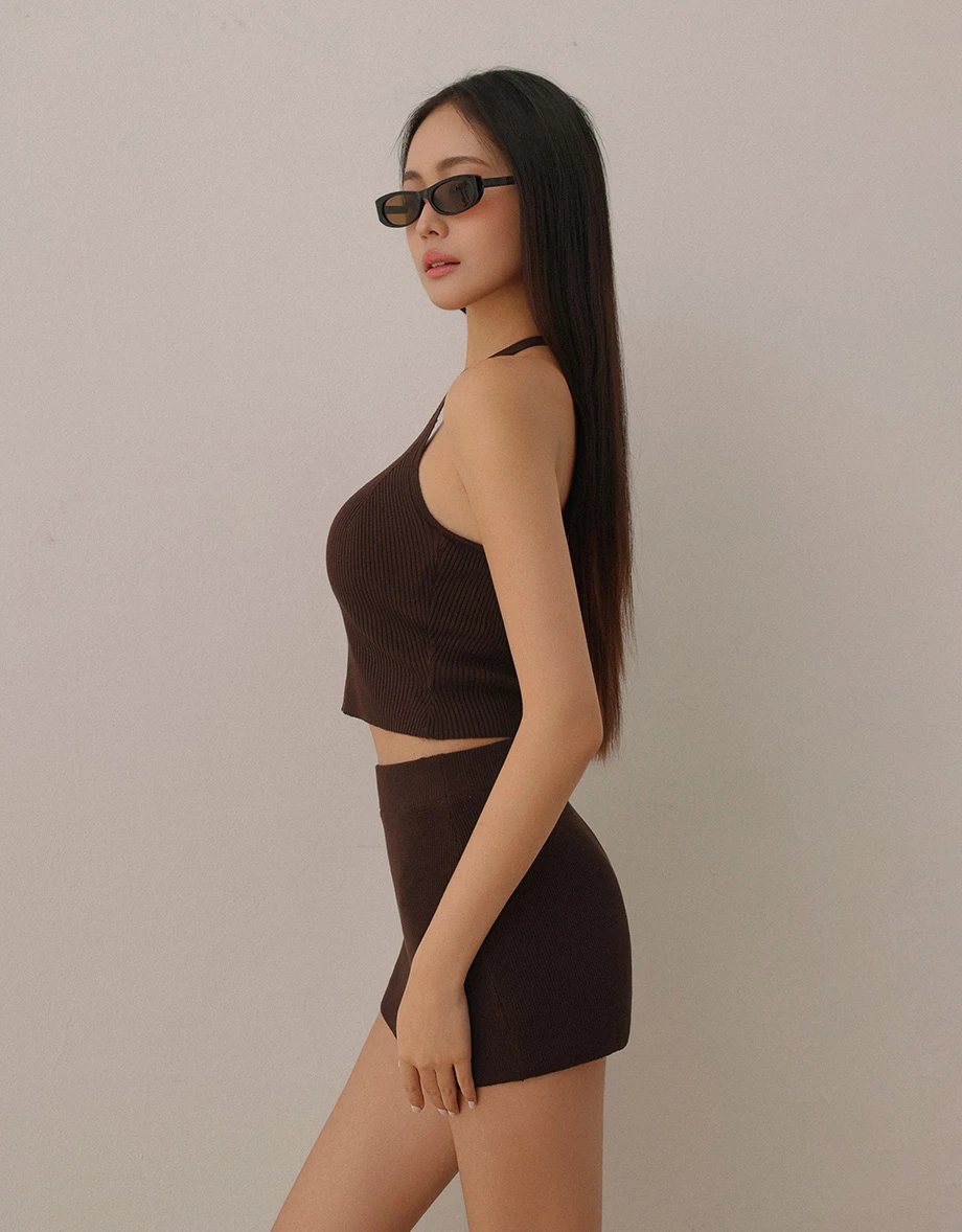 Ribbed Knit V Neck Halter Padded Bra Top with Adjustable Back Tie