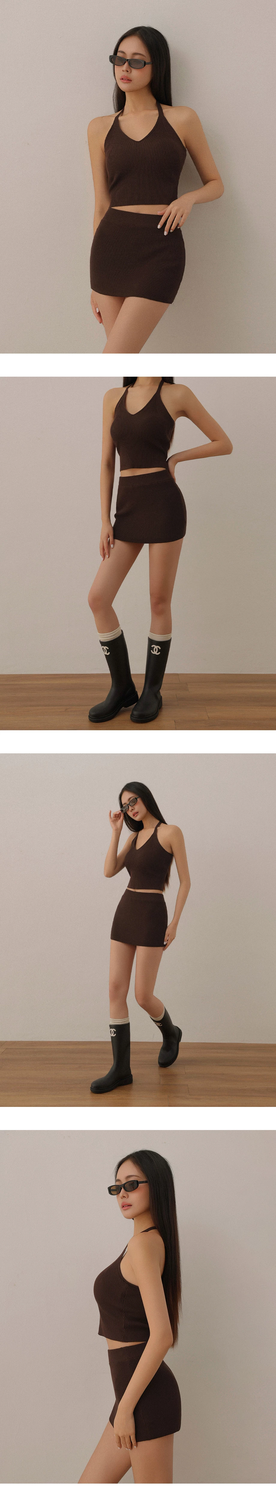 Ribbed Knit V Neck Halter Padded Bra Top with Adjustable Back Tie