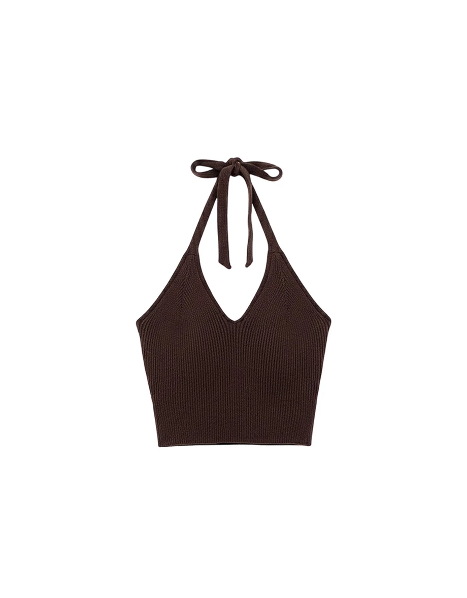 Ribbed Knit V Neck Halter Padded Bra Top with Adjustable Back Tie