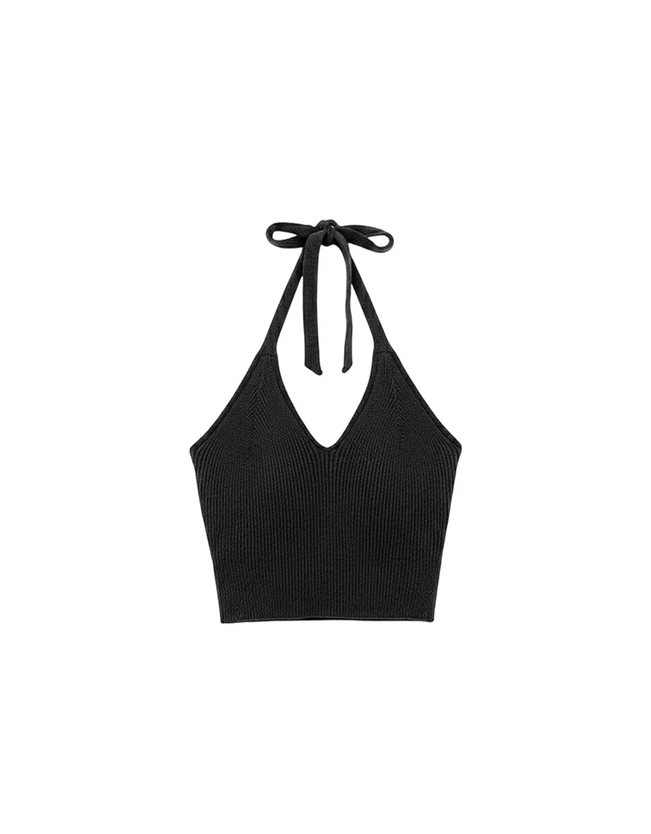 Ribbed Knit V Neck Halter Padded Bra Top with Adjustable Back Tie