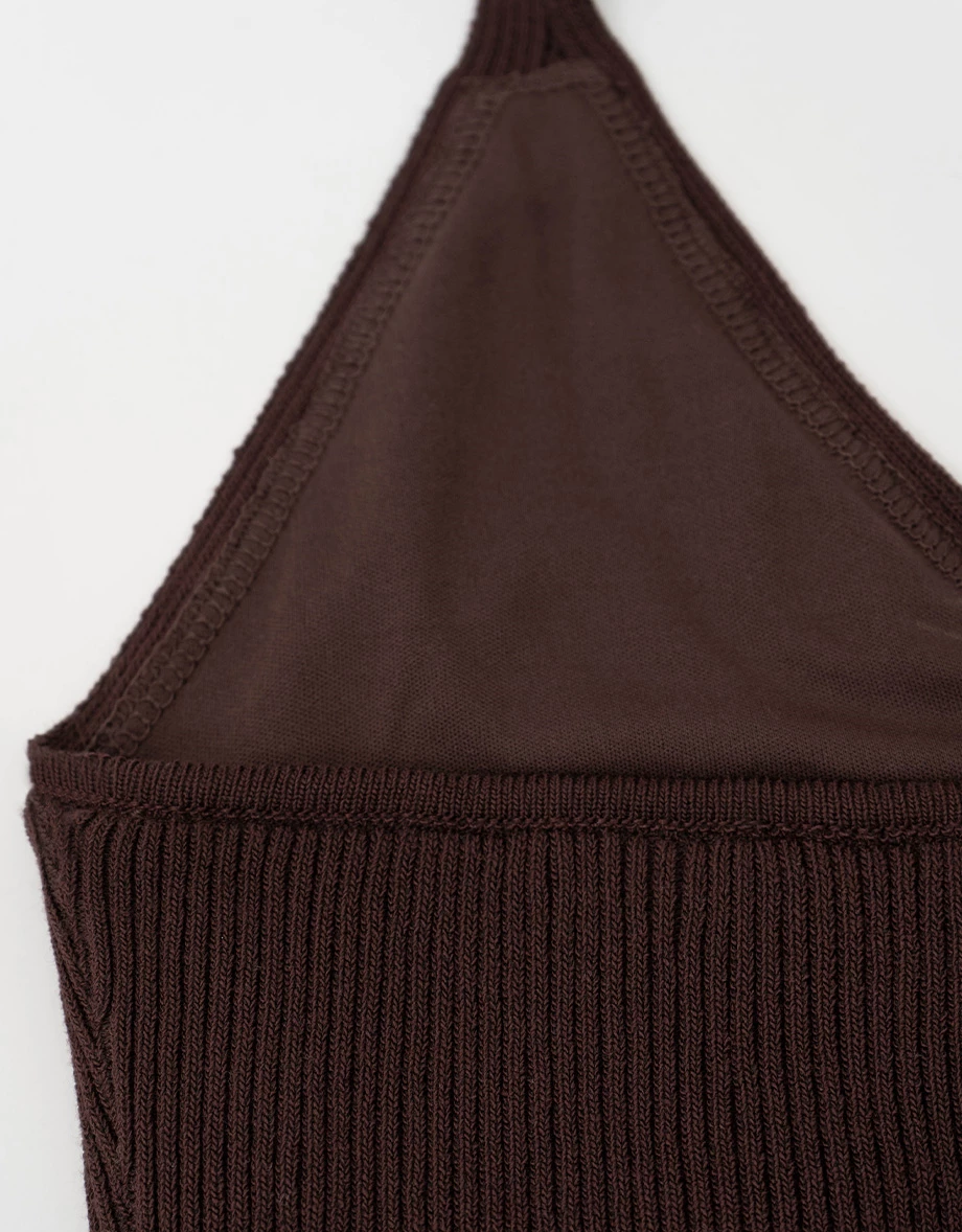 Ribbed Knit V Neck Halter Padded Bra Top with Adjustable Back Tie