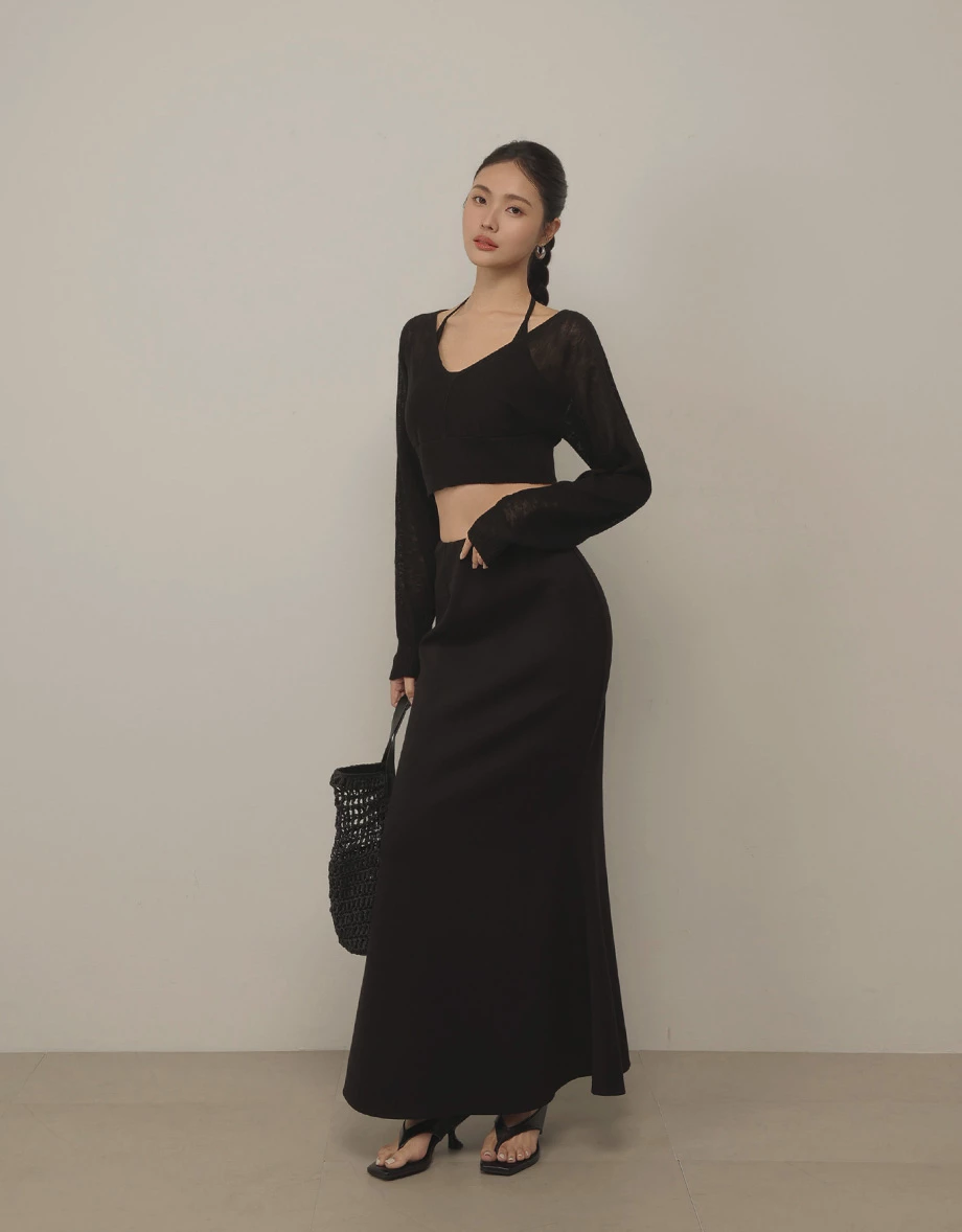 V領中線拼接羅紋收腰連袖短版針織衫