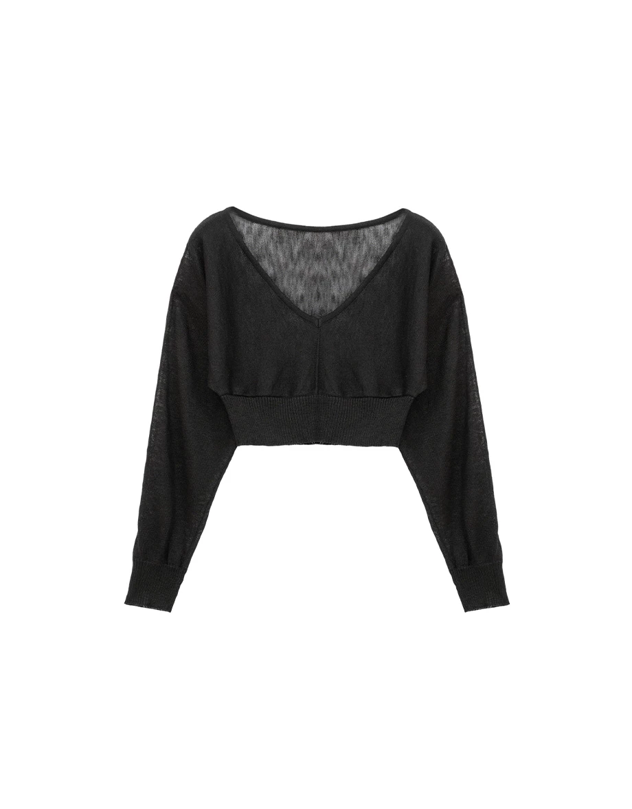 V領中線拼接羅紋收腰連袖短版針織衫