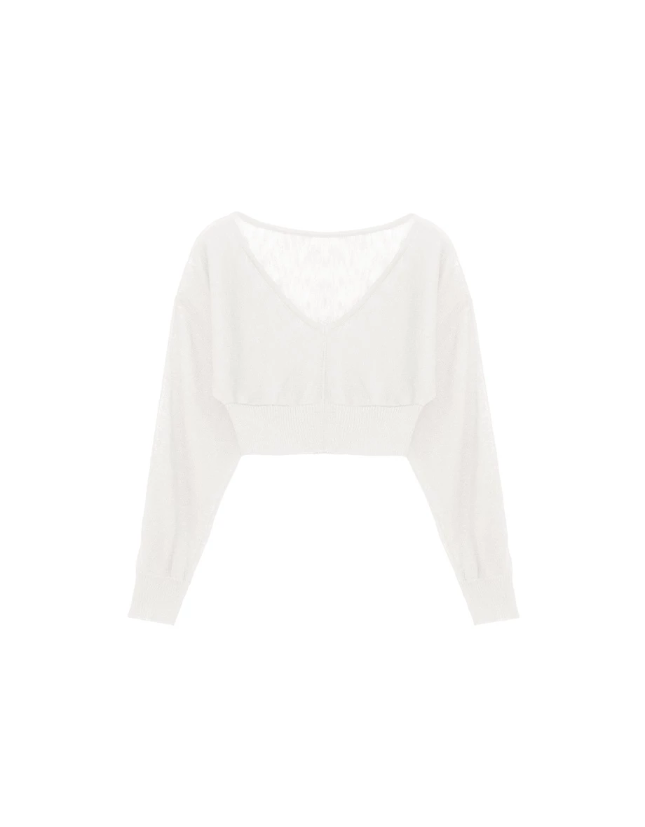 V領中線拼接羅紋收腰連袖短版針織衫