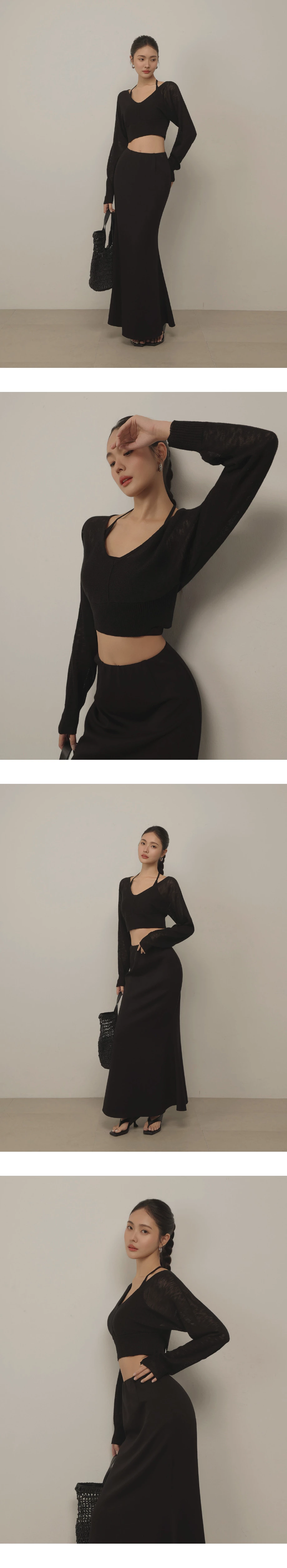 V領中線拼接羅紋收腰連袖短版針織衫