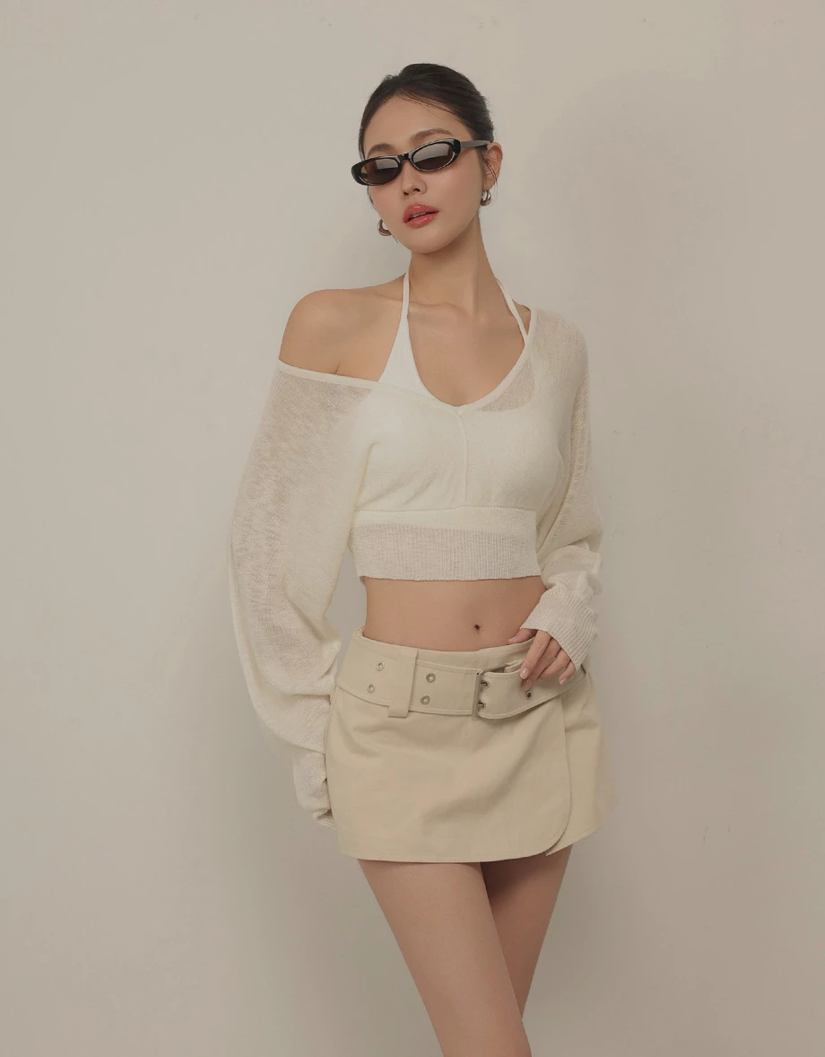 V領中線拼接羅紋收腰連袖短版針織衫