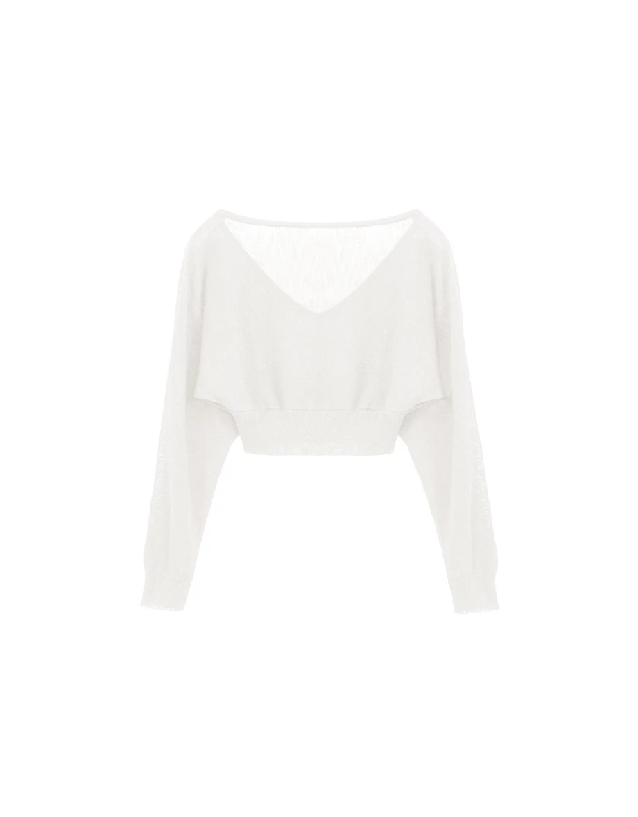 V領中線拼接羅紋收腰連袖短版針織衫