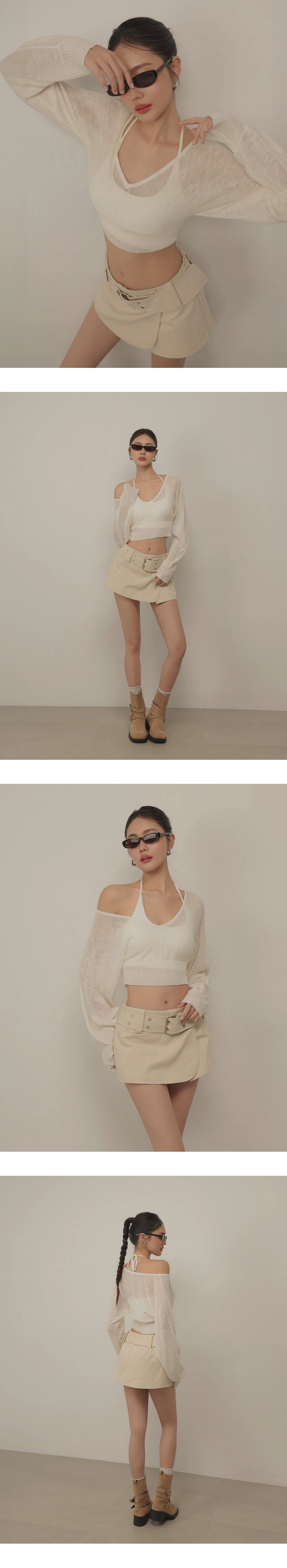 V領中線拼接羅紋收腰連袖短版針織衫