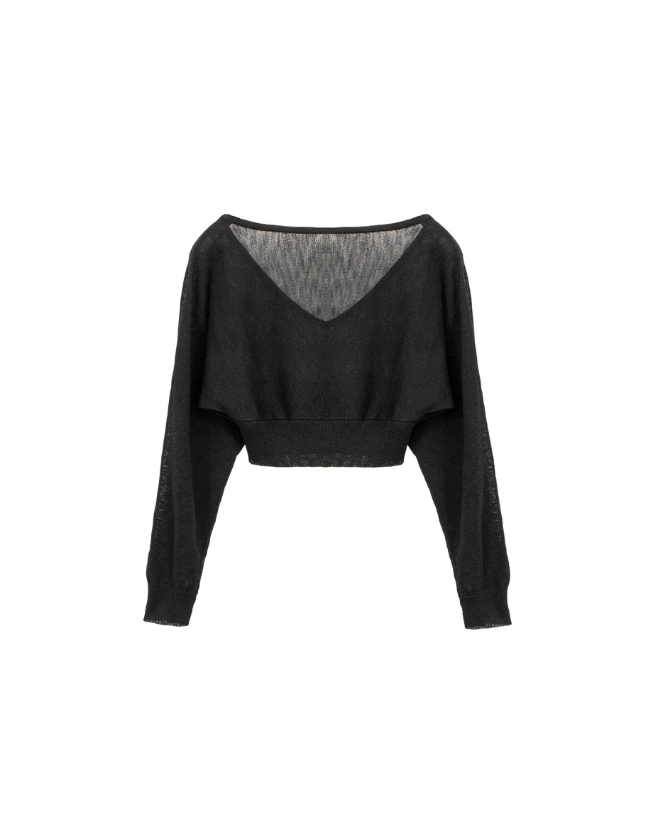 V領中線拼接羅紋收腰連袖短版針織衫