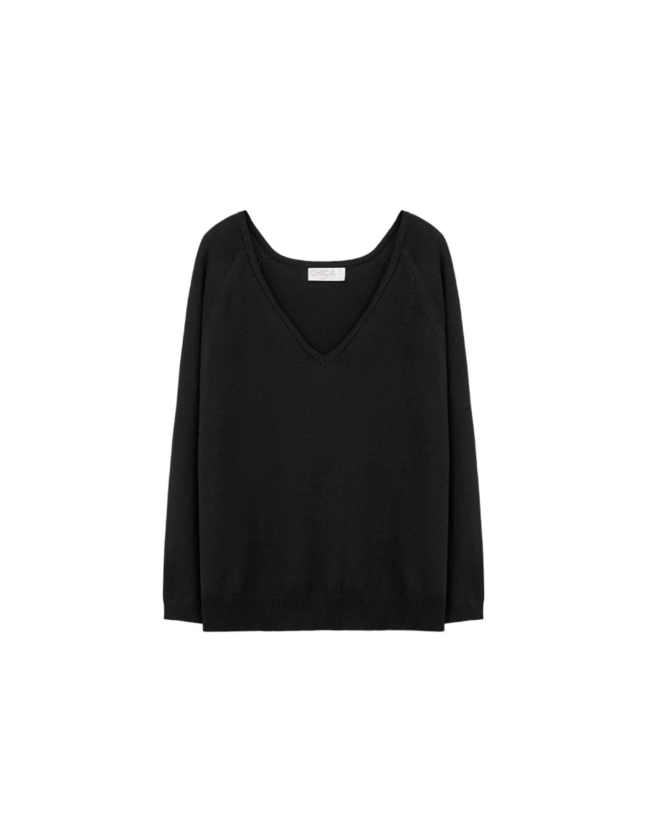 Deep V Neck Relaxed Fit Long Sleeve Knit Top