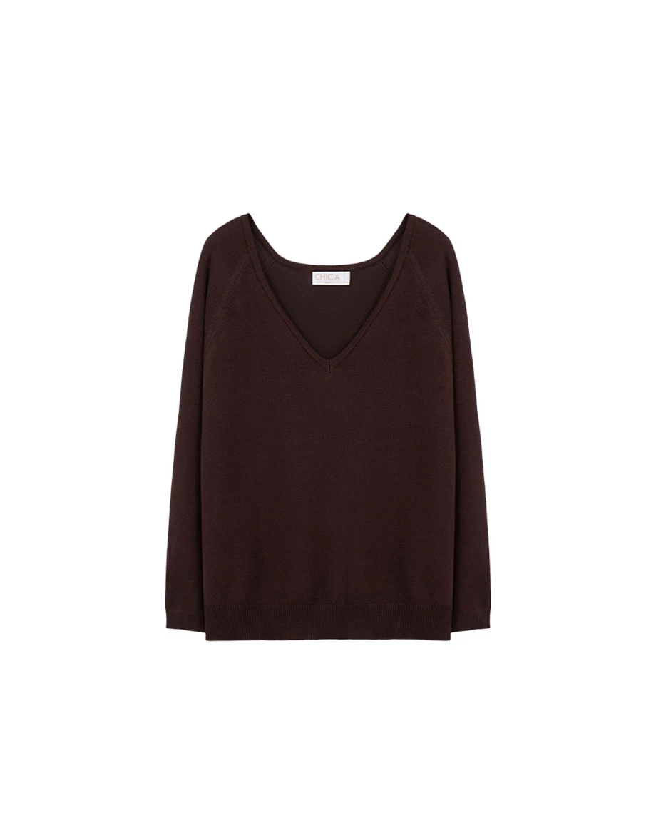 Deep V Neck Relaxed Fit Long Sleeve Knit Top