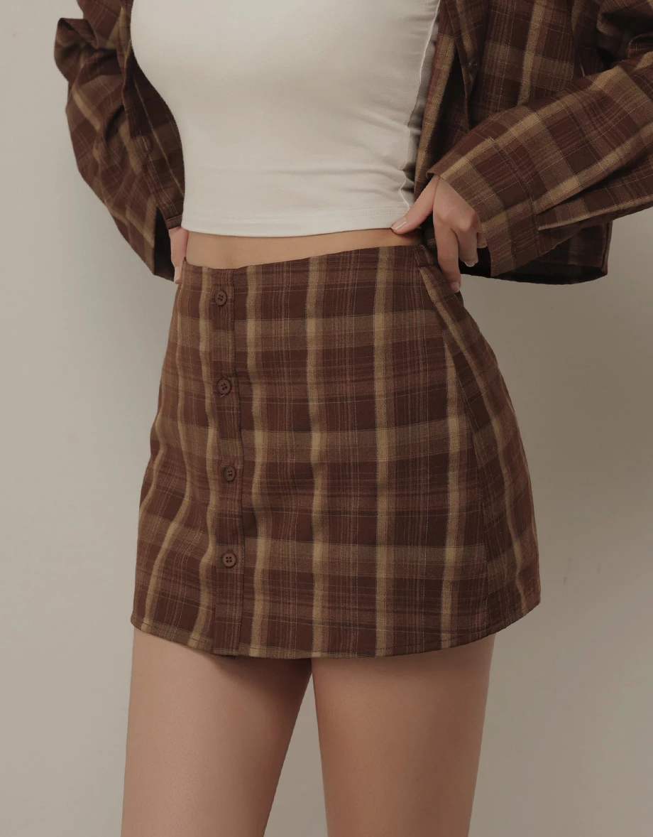 Button Front Plaid Print A Line Fitted Mini Skorts