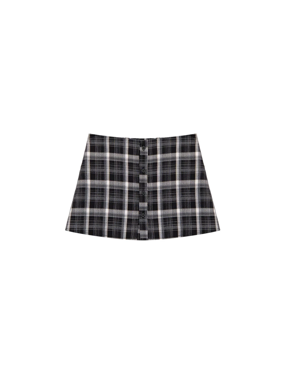 Button Front Plaid Print A Line Fitted Mini Skorts