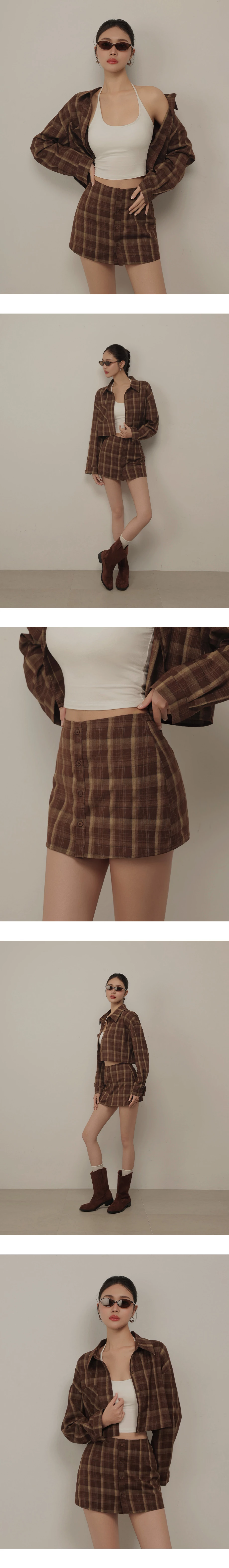 中腰格紋排扣修身短褲裙