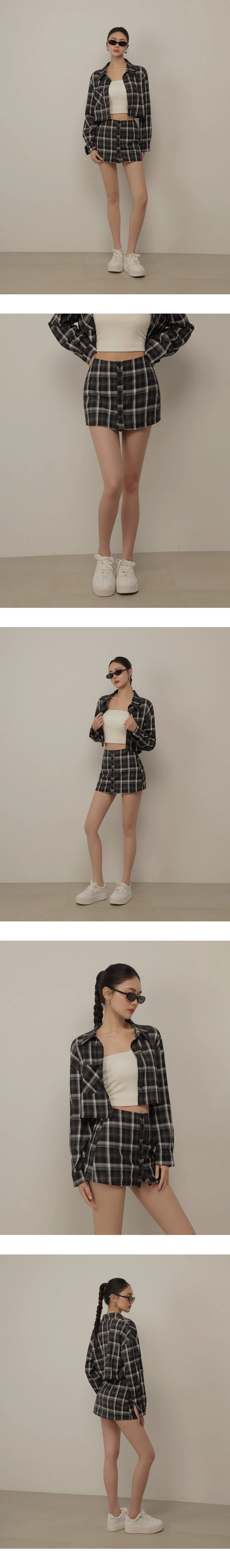 中腰格紋排扣修身短褲裙