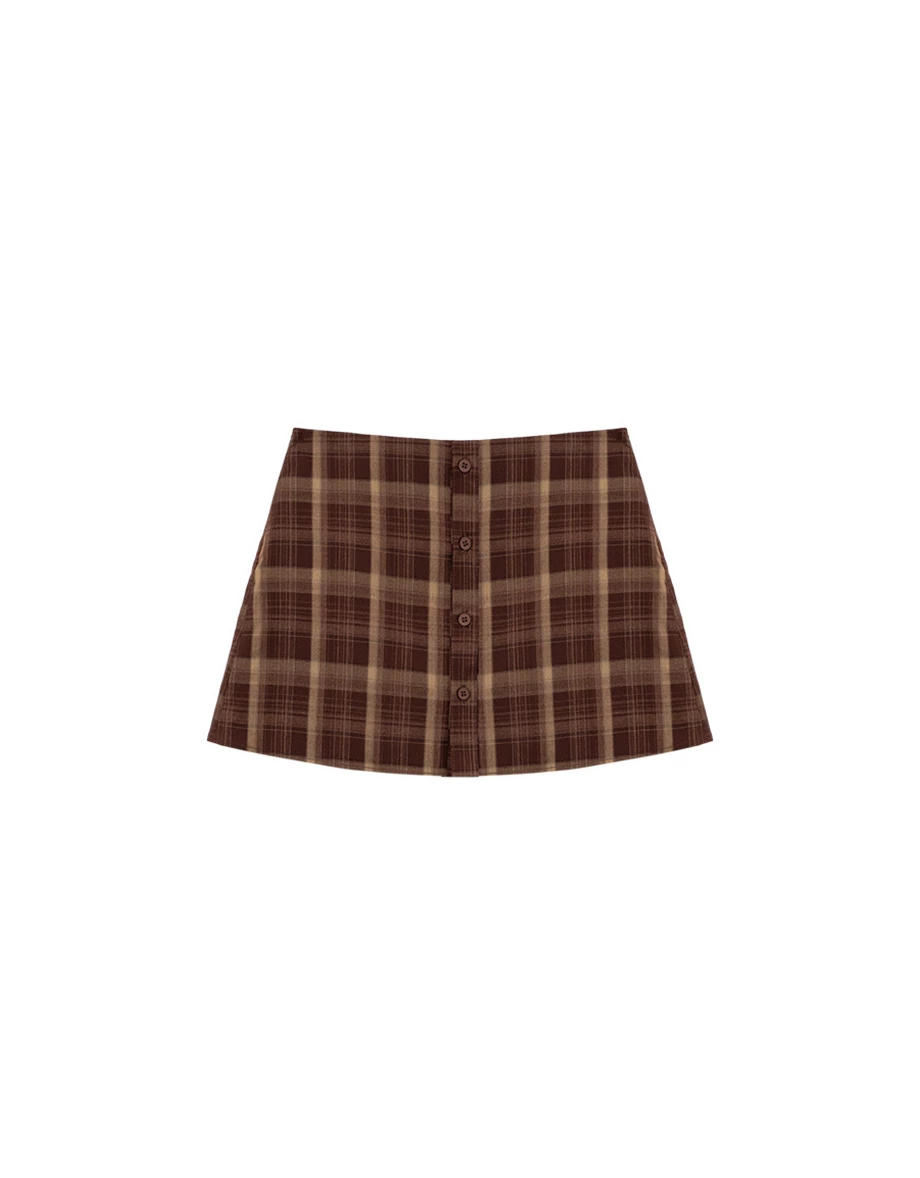 Button Front Plaid Print A Line Fitted Mini Skorts